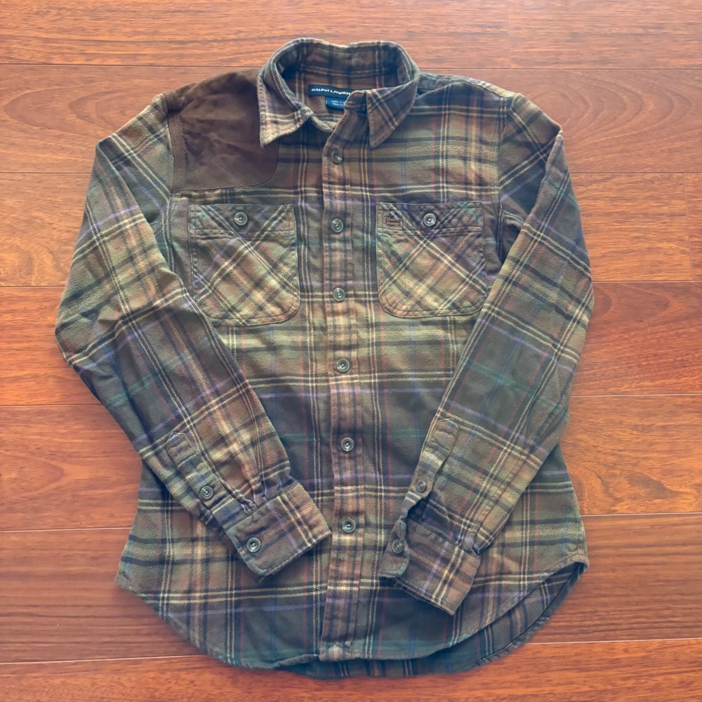 Ralph Lauren Sport Women 8 Brown Green Plaid Flannel Suede Shooting Patch Shirt